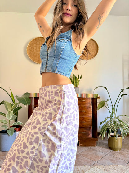 1970's vintage lilac and cream raw silk animal printed midi skirt