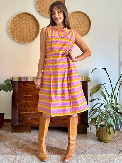 1960’s vintage pink and yellow striped geometric hand block printed midi dress