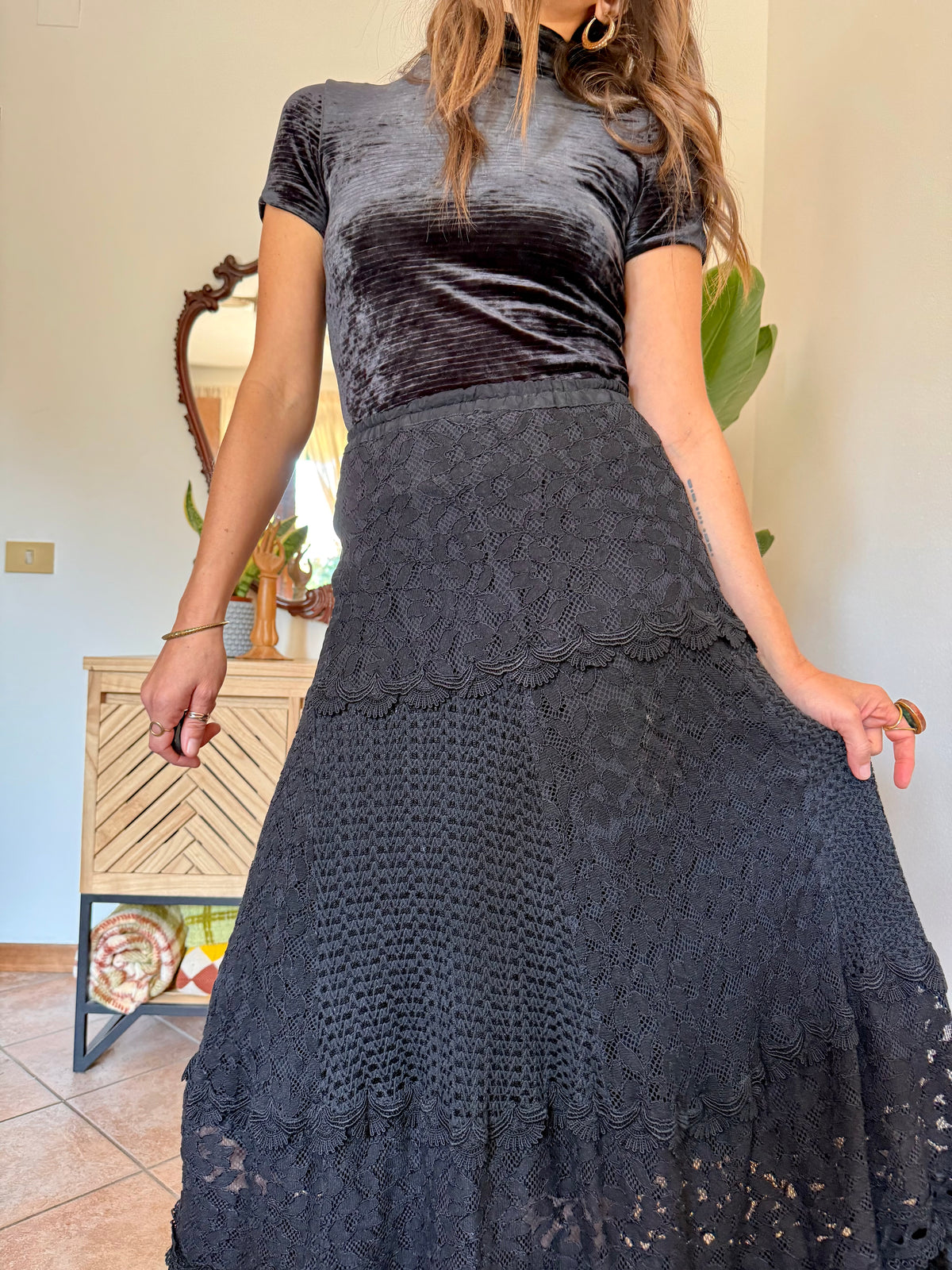1990’s vintage black lace, crochet and velvet patchwork maxi skirt