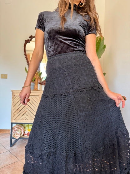 1990’s vintage black lace, crochet and velvet patchwork maxi skirt