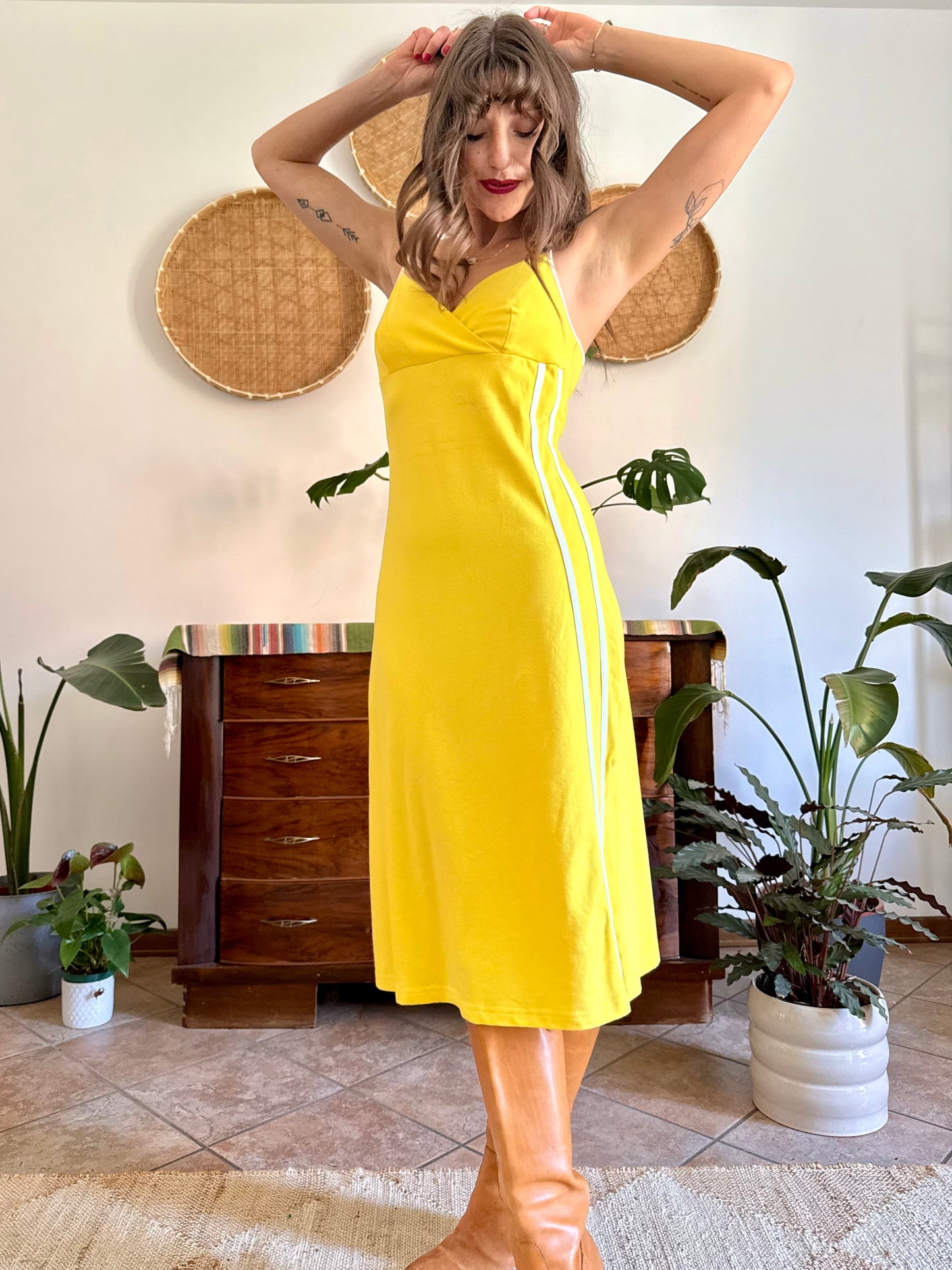1990’s vintage canary yellow woven cotton midi dress with white stripe detailing