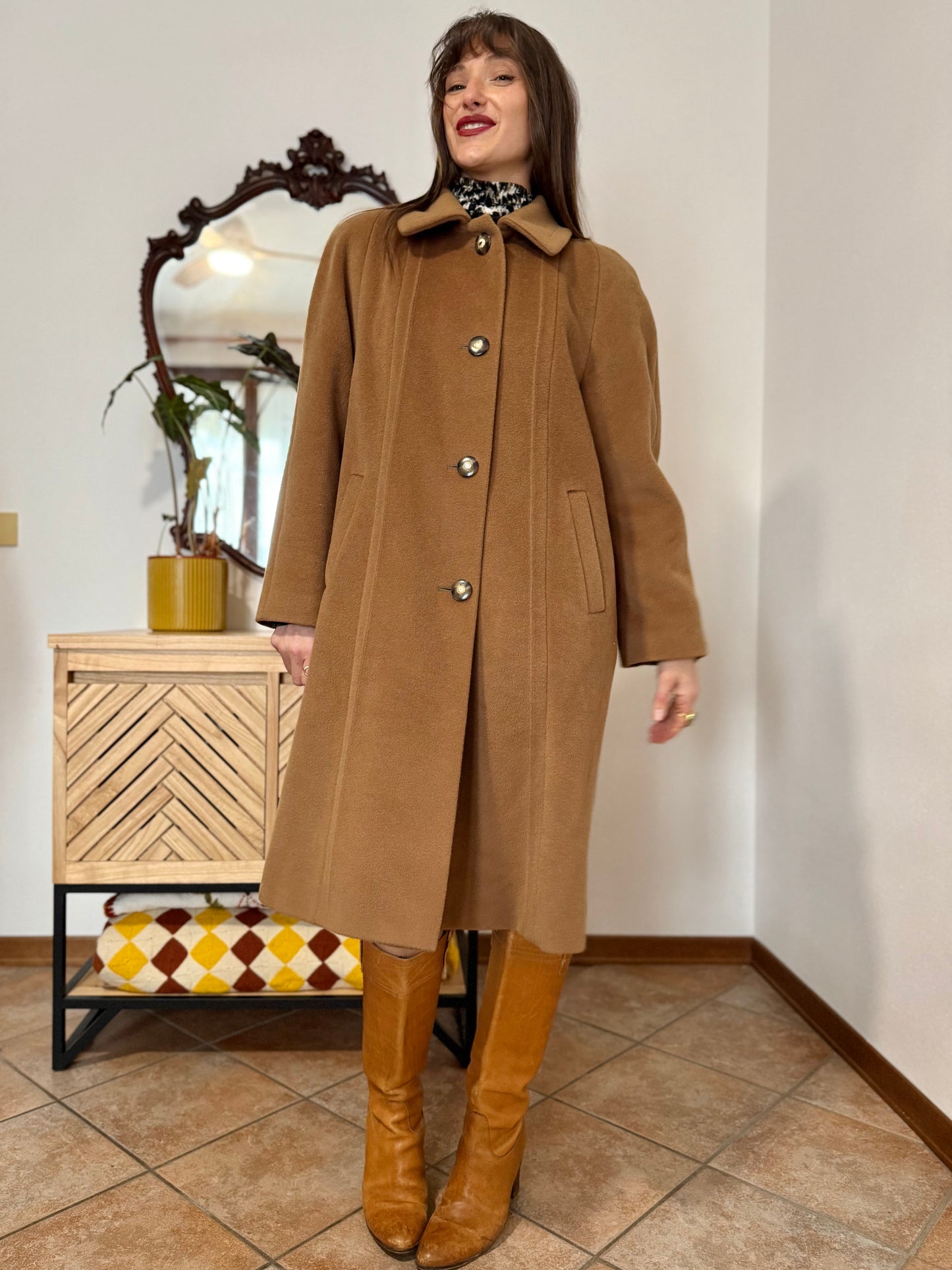1970’s vintage tan wool overcoat with oversize button details