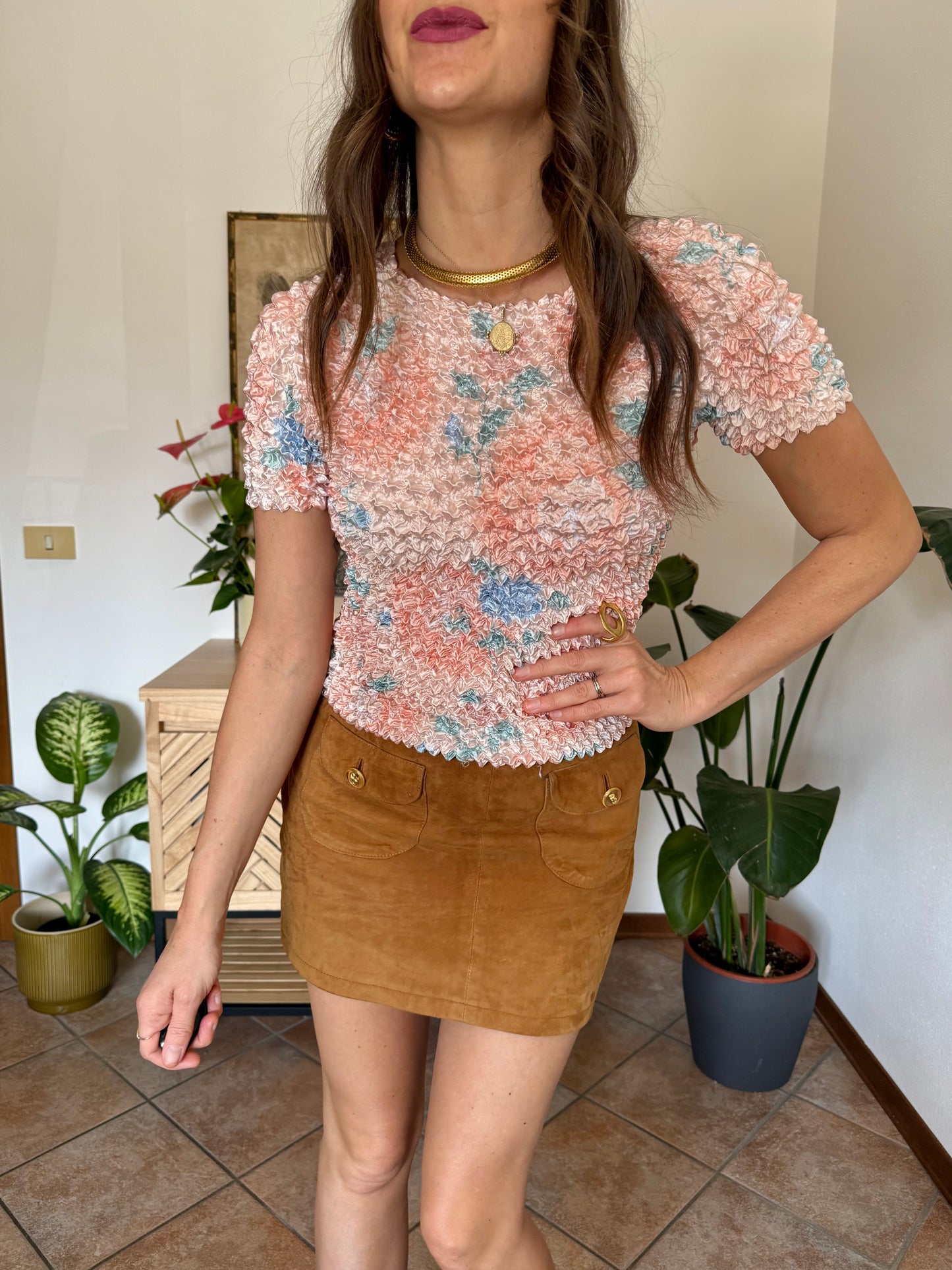 1990’s vintage pink, peach and blue crinkle top
