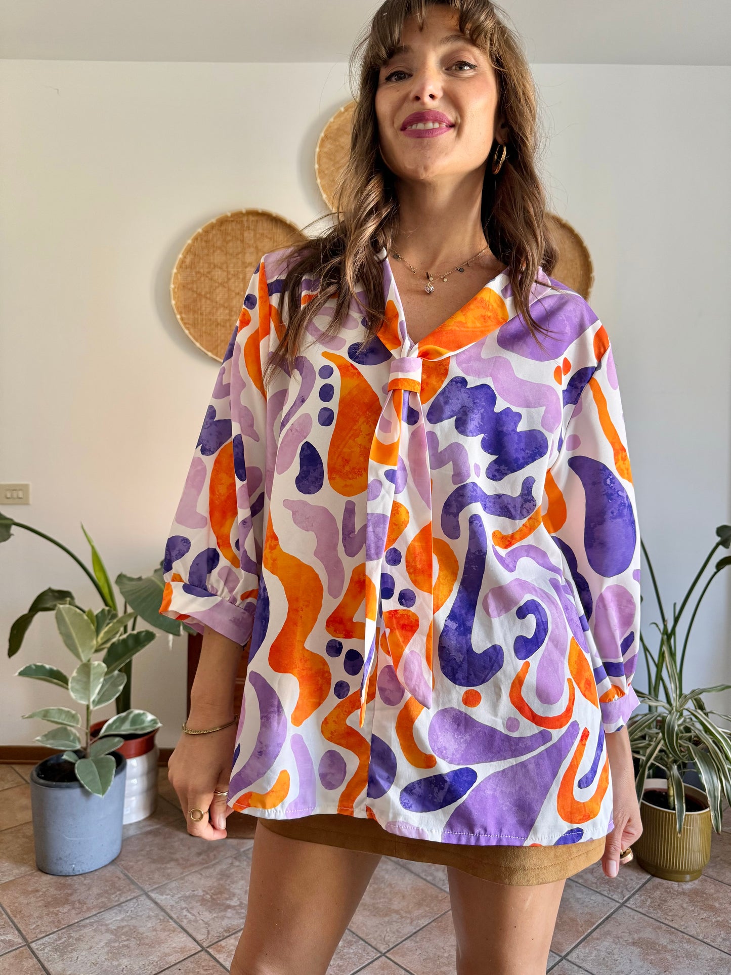 1970's vintage purple, orange and cream abstract print tie neck blouse