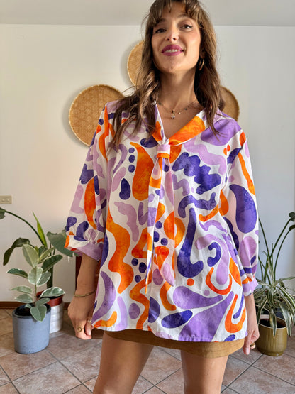 1970's vintage purple, orange and cream abstract print tie neck blouse
