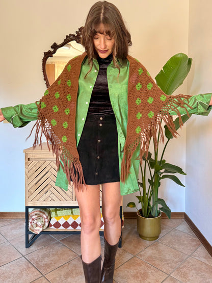 1970’s vintage chocolate brown and green knit shawl with fringe trim