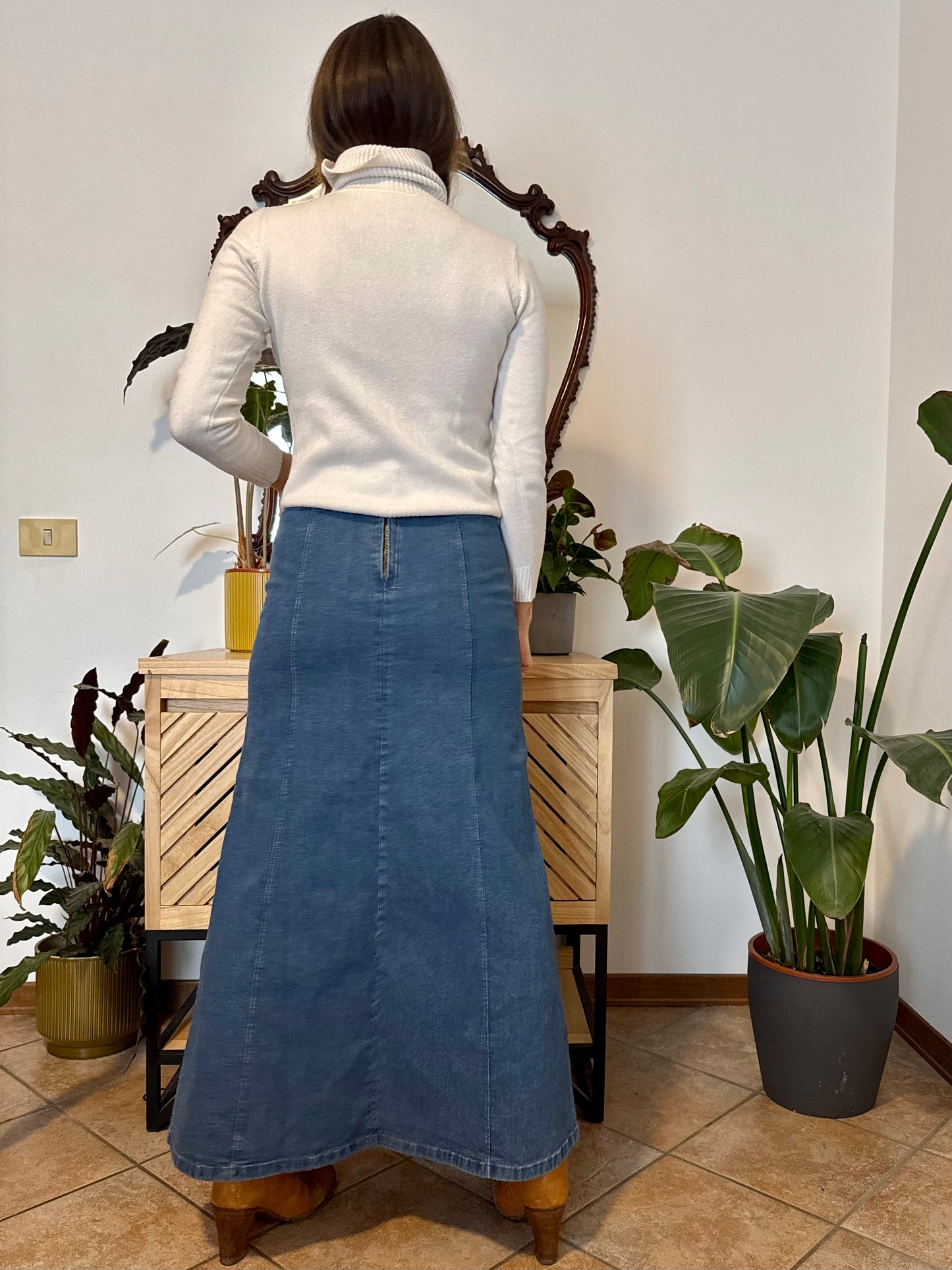 Y2k vintage denim maxi skirt with embroidered floral details