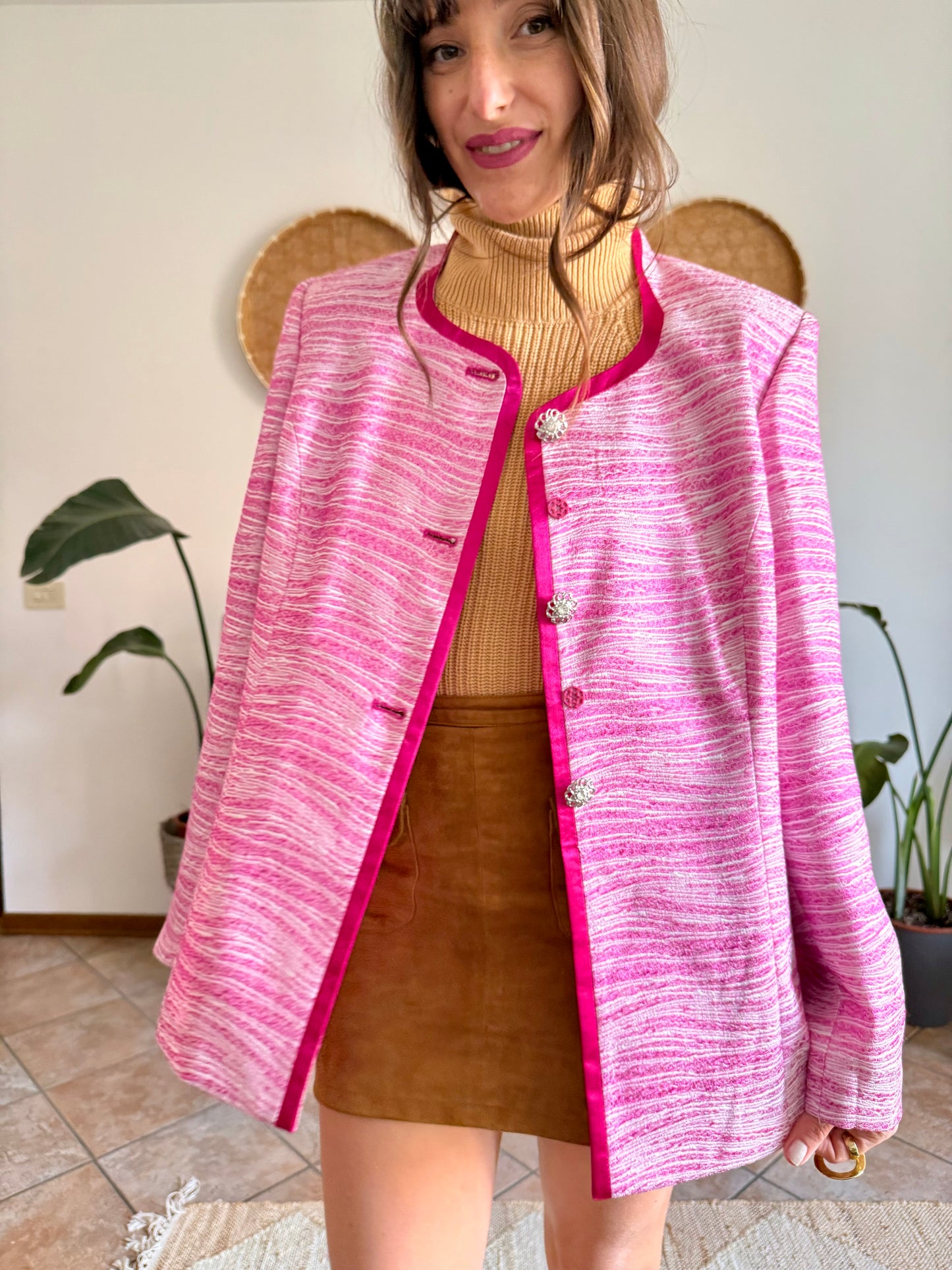 1980’s vintage fuchsia and cream textured woven jacket with rhinestones stone buttons