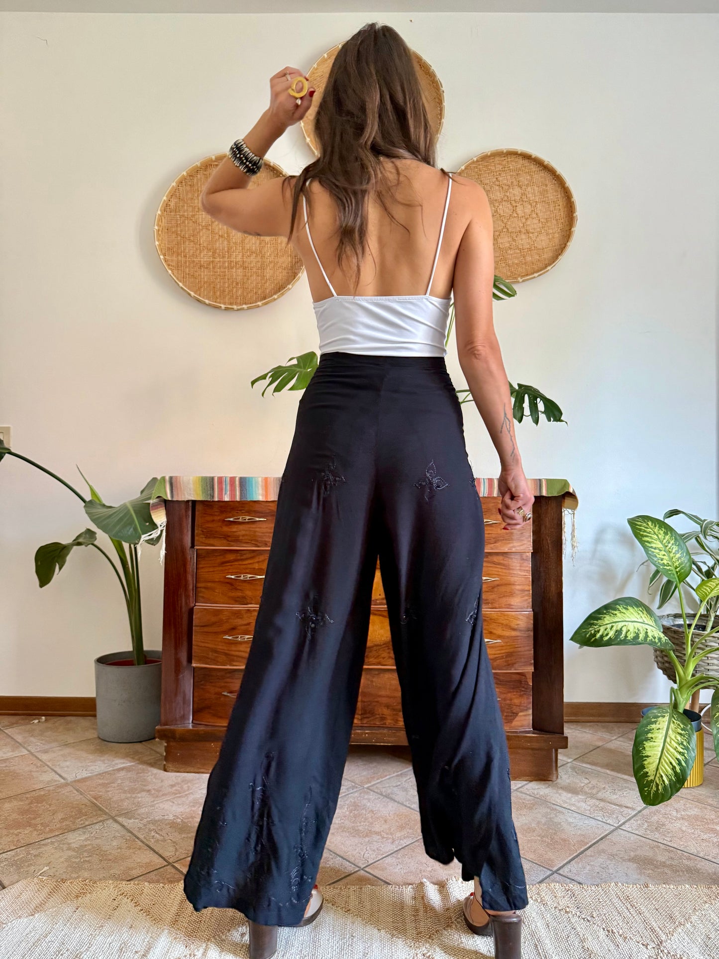 1990’s vintage black adjustable tie wide leg trousers with floral embroidery and sequin detailing