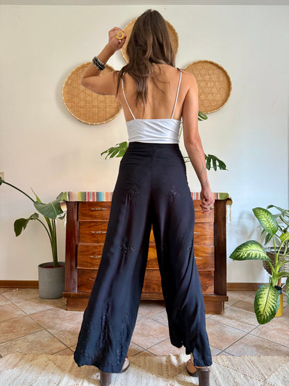 1990’s vintage black adjustable tie wide leg trousers with floral embroidery and sequin detailing