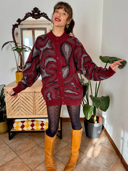 1970’s vintage burgundy, grey and black knit dress