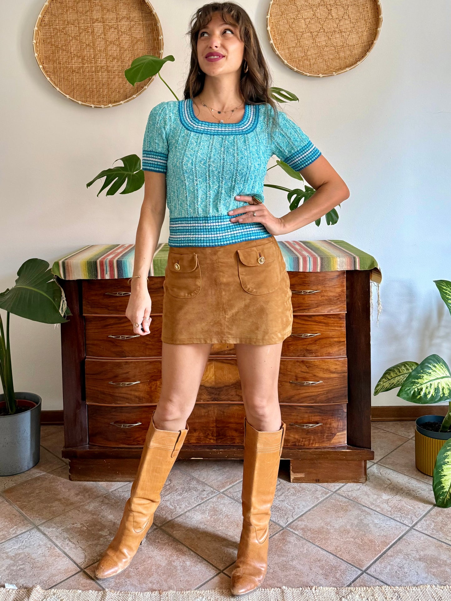 1970’s vintage turquoise,cream and blue textured knit top