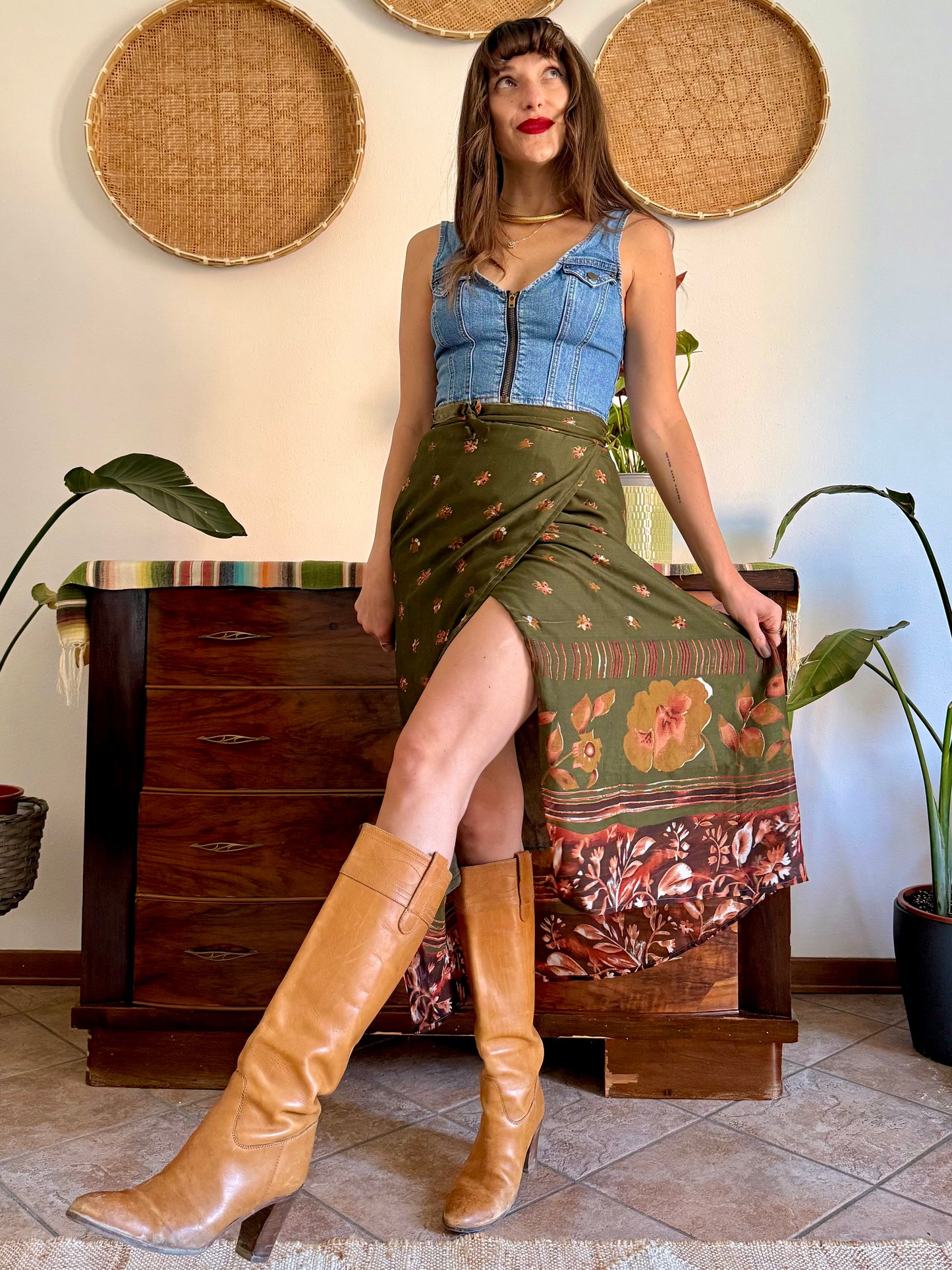 1990's vintage olive green, brown and dark orange floral wrap maxi skirt