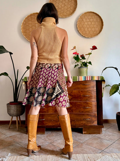 Y2K vintage burgundy, tan and black geometric print midi skirt