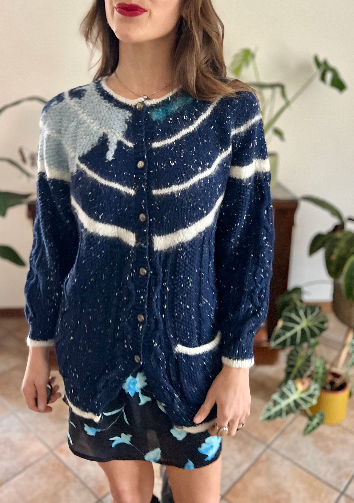 1970's vintage navy blue and cream speckled hand knit cardigan with turquoise asymmetric design