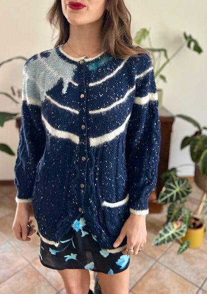1970's vintage navy blue and cream speckled hand knit cardigan with turquoise asymmetric design