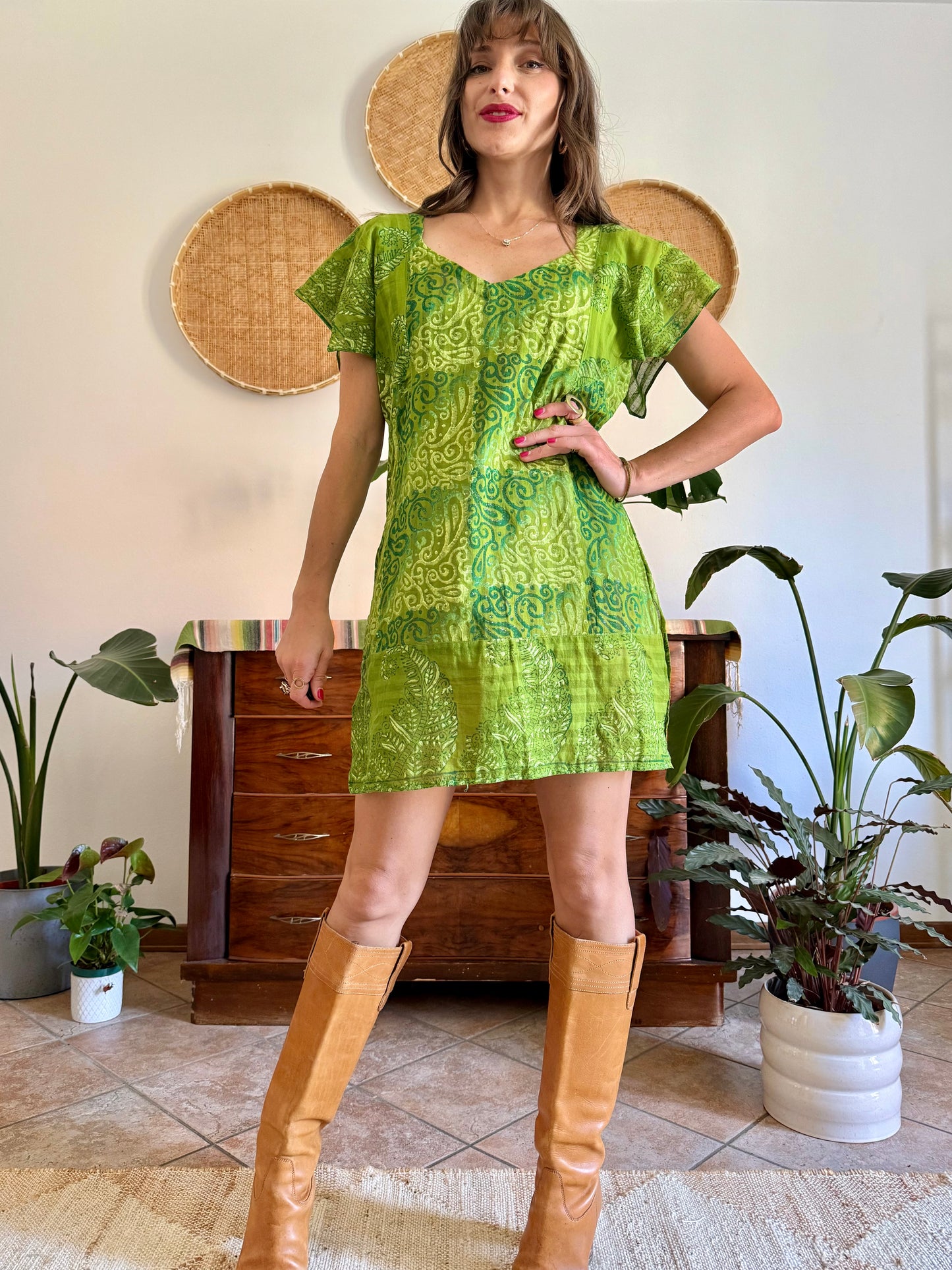 1970’s vintage mutitonal green hand block printed mini dress