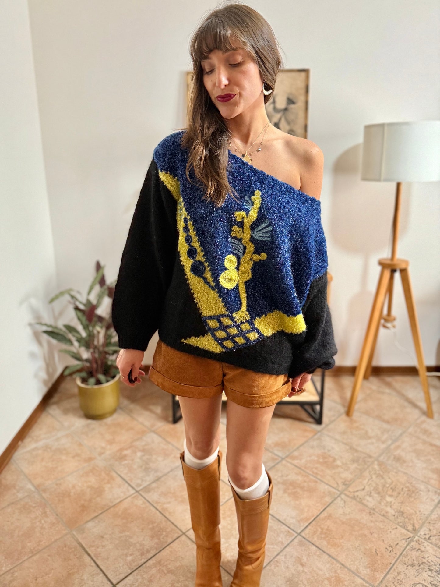 1980’s vintage blue, black and citron textured metallic pullover