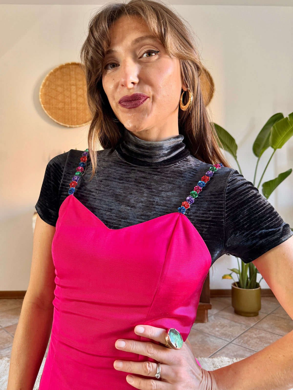 1990’s vintage fuchsia woven satin mini dress whit floral strap details