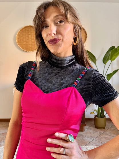 1990’s vintage fuchsia woven satin mini dress whit floral strap details