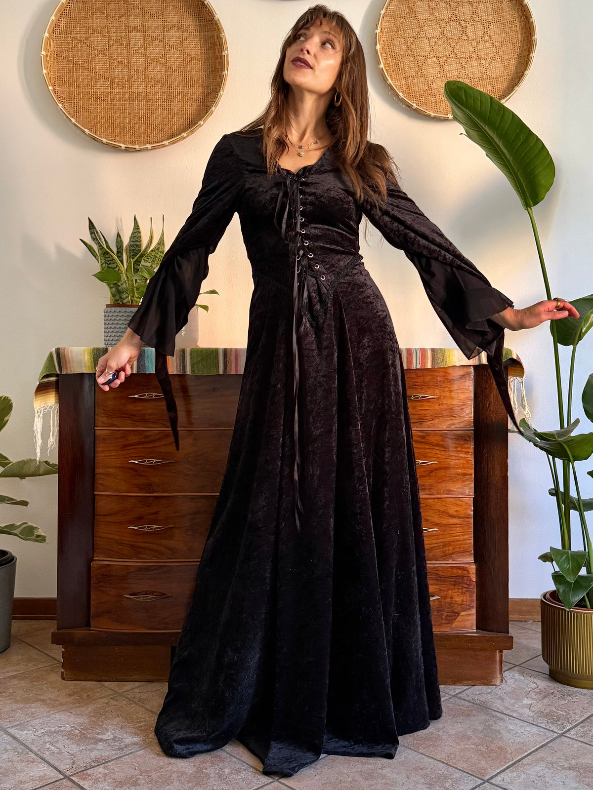 1990’s vintage black lace up bodice gothic velvet maxi dress with bell sleeves