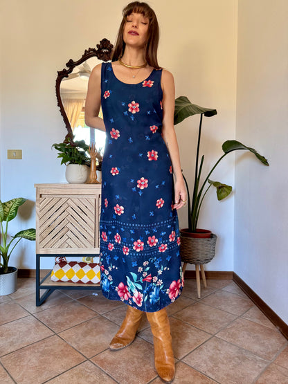 1990's vintage reversible navy blue floral print maxi dress
