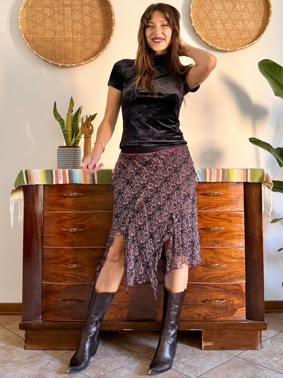 Y2K vintage asymmetrical hem silk paisley print skirt