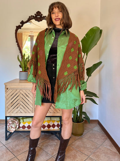 1970’s vintage chocolate brown and green knit shawl with fringe trim