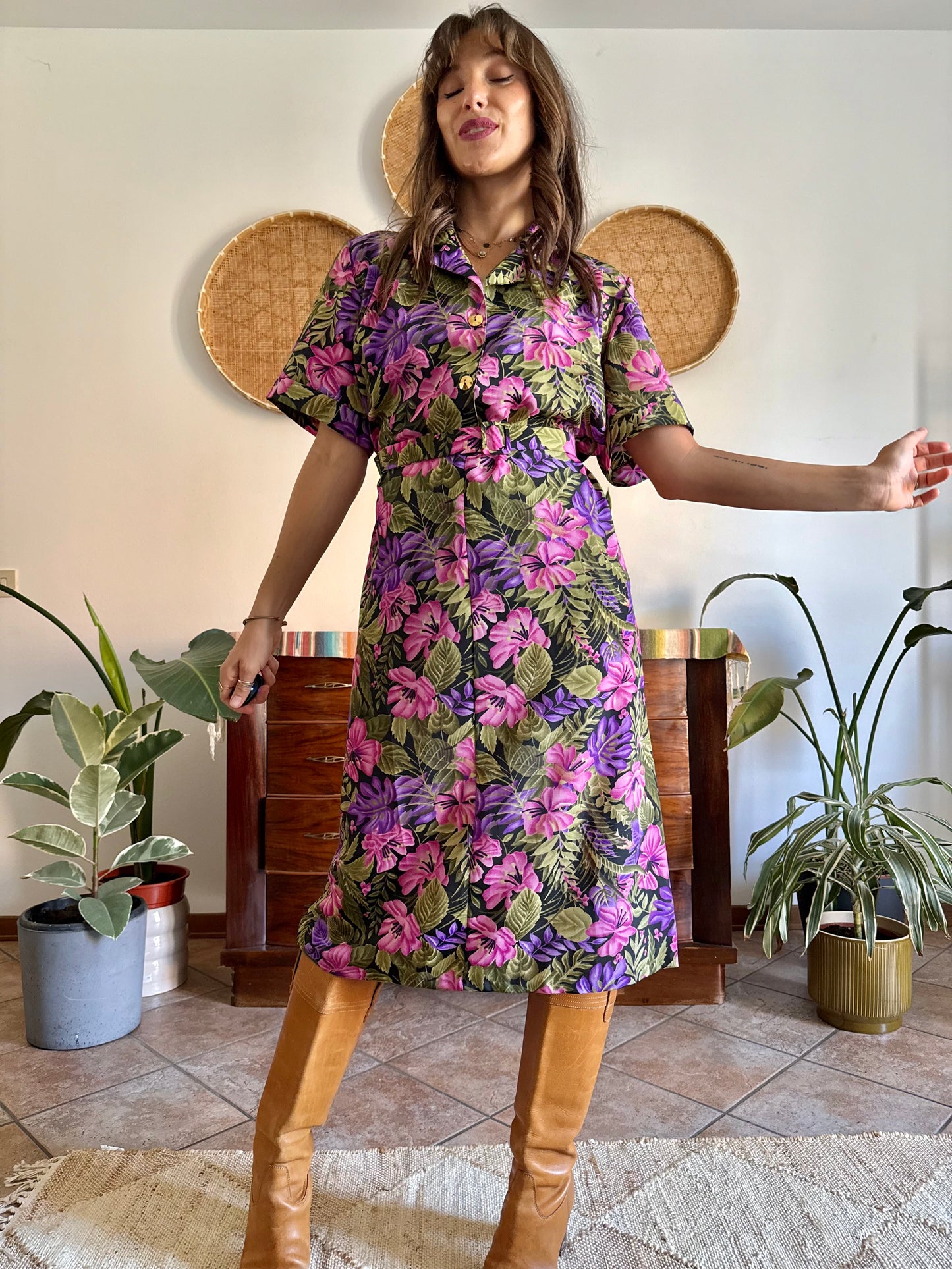 1960’s vintage, pink purple and green floral midi dress with matching belt