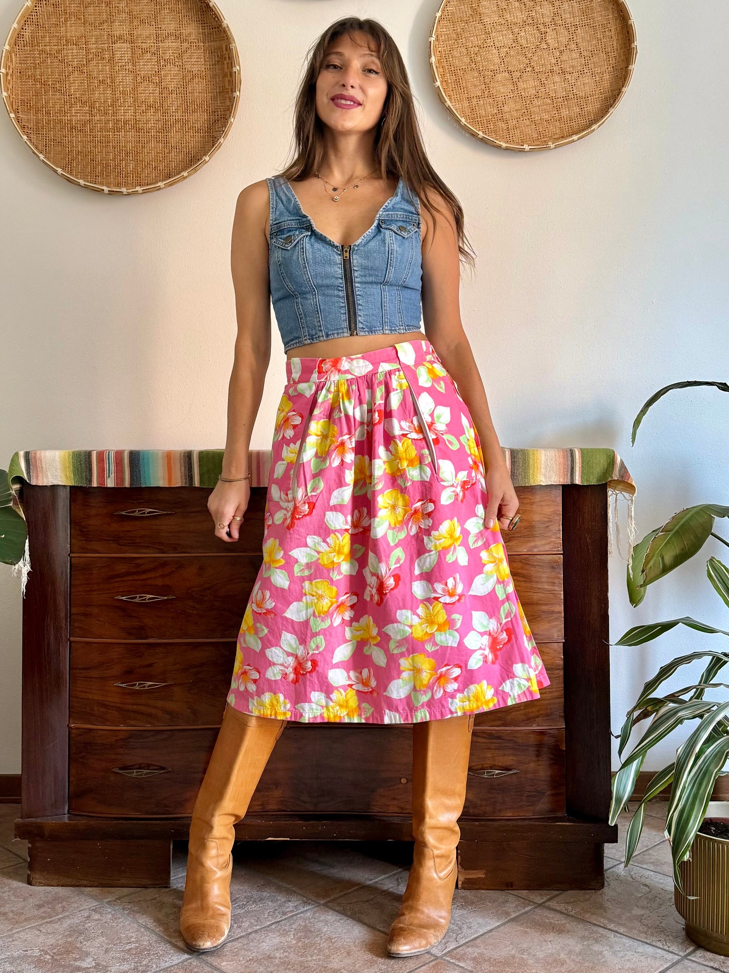 1970’s vintage pink and yellow button down midi skirt