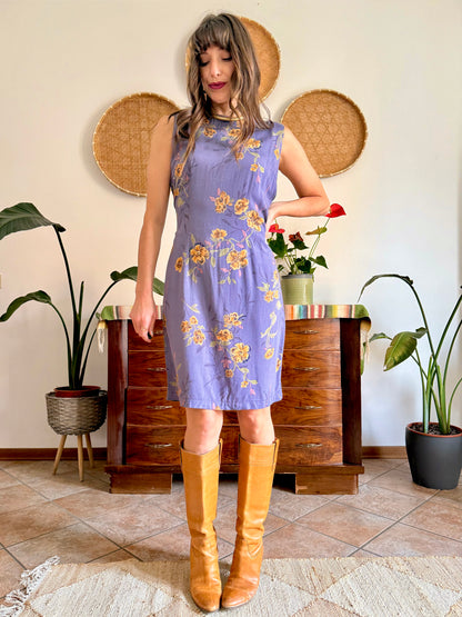 1990’s vintage purple midi shift dress with yellow and orange floral pattern