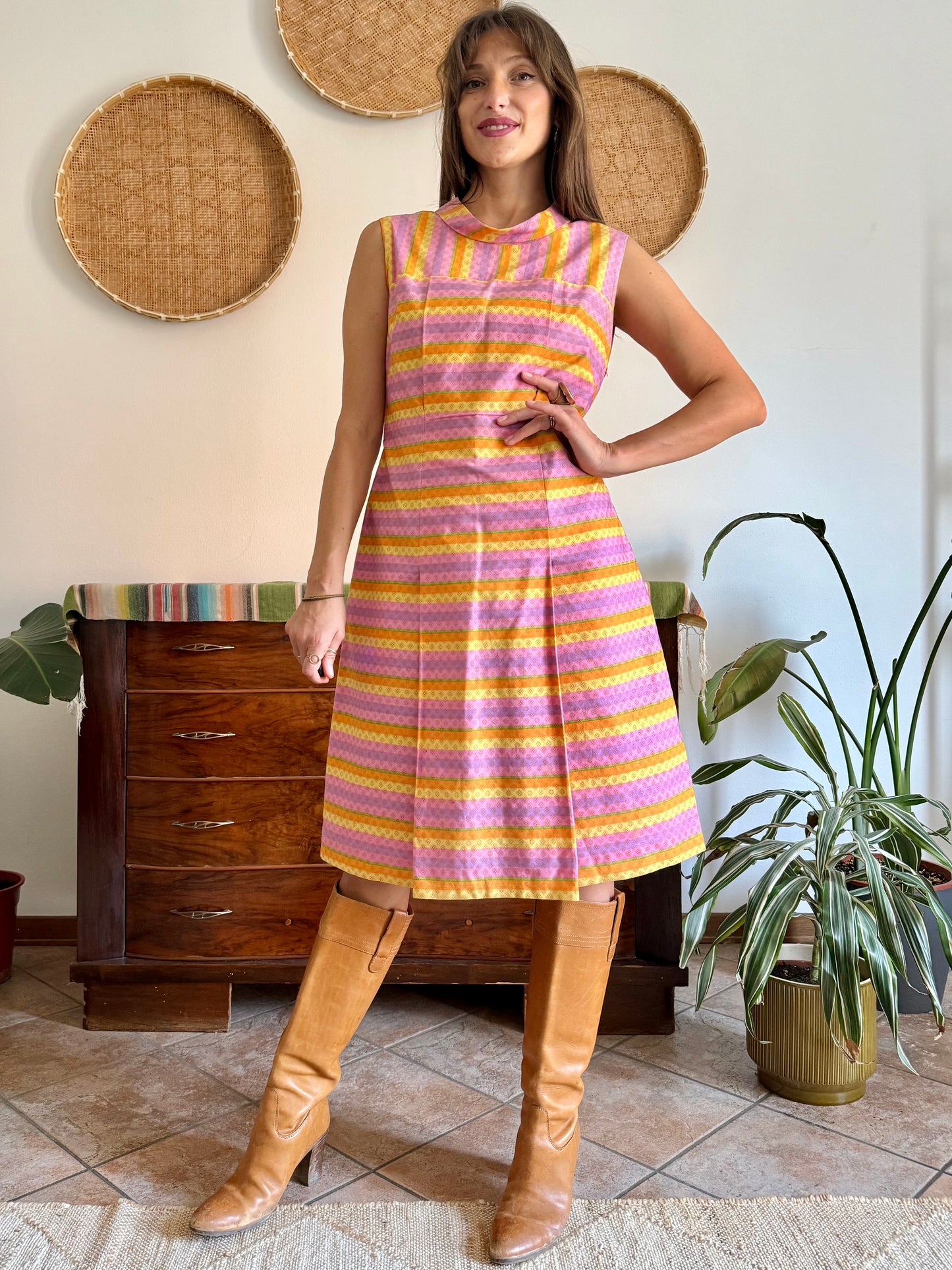 1960’s vintage pink and yellow striped geometric hand block printed midi dress