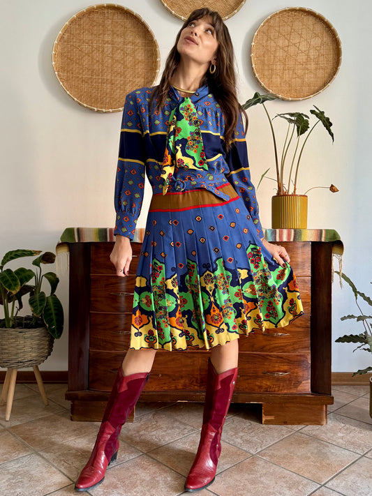 1970's vintage blue and multicolor floral pleated silk midi dress with bow tie collar and matching belt