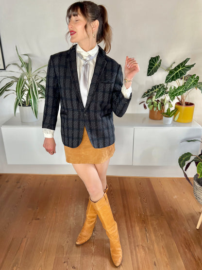 1970's black and blue tailored wool plaid blazer