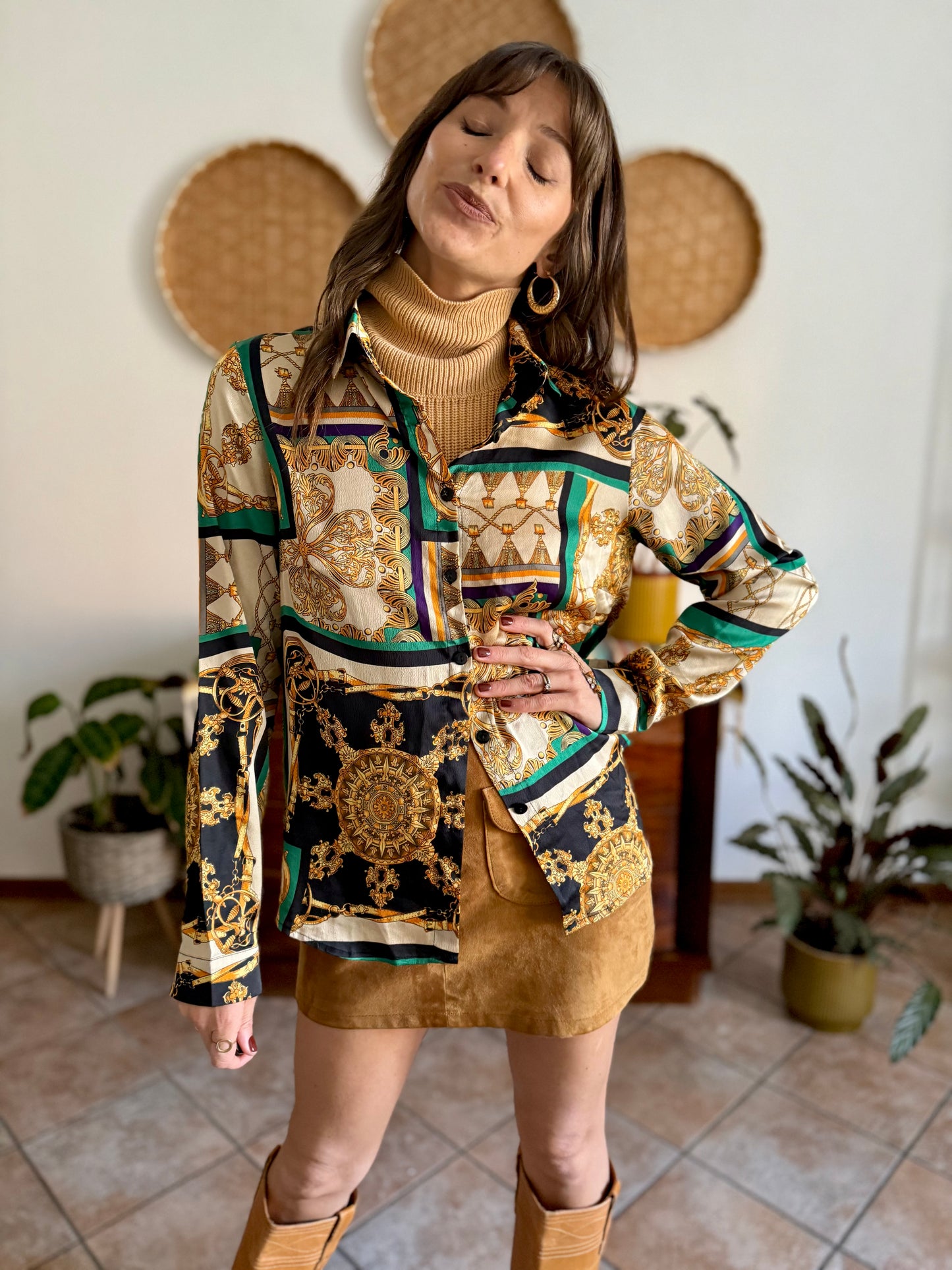 1990's vintage gold, green and yellow satin tassel print blouse