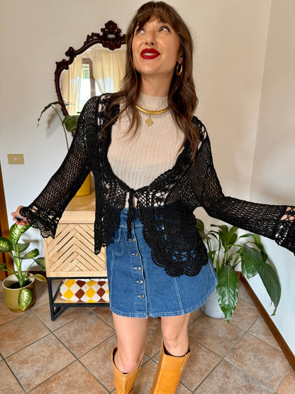 Y2k vintage black bell sleeve crocheted cardigan with silver thread accents