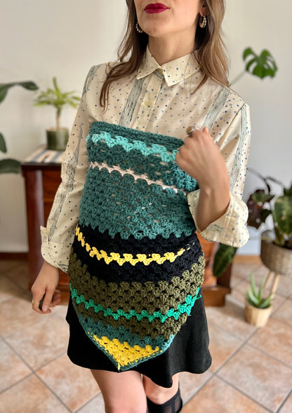 1970's vintage hand knit wool teal , black and yell stripe knit shawl