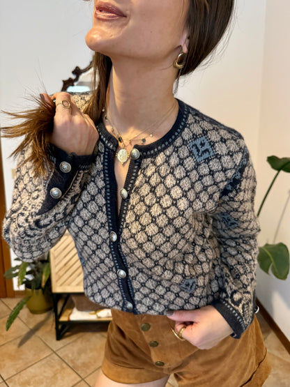 1990's vintage grey and beige alpaca knit cardigan with turquoise geometric pattern