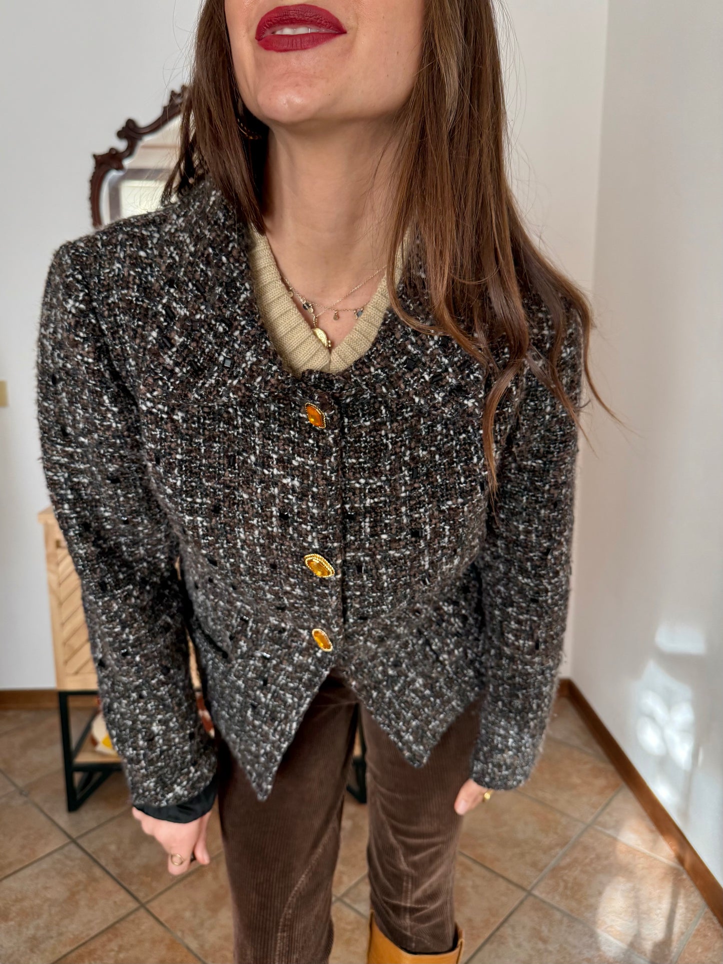 1990’s vintage black, khaki and cream boucle wool with gold and yellow glass buttons