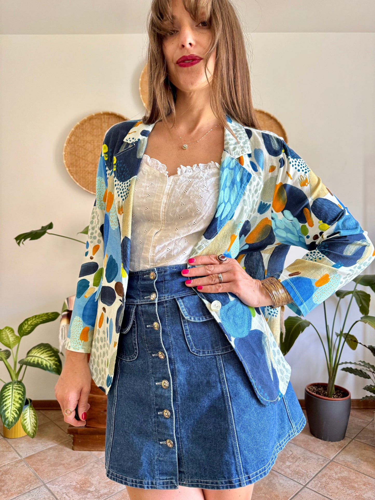 1990’s vintage blue, green and orange abstract print linen jacket
