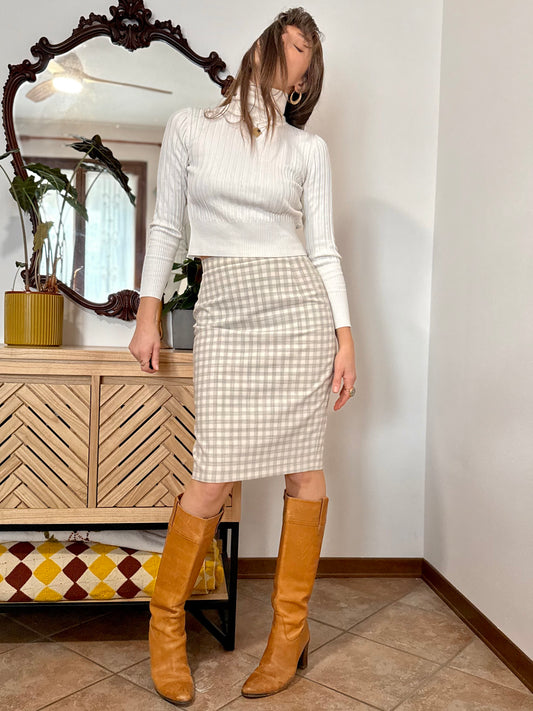 1970's vintage cream and light grey plaid wool midi skirt