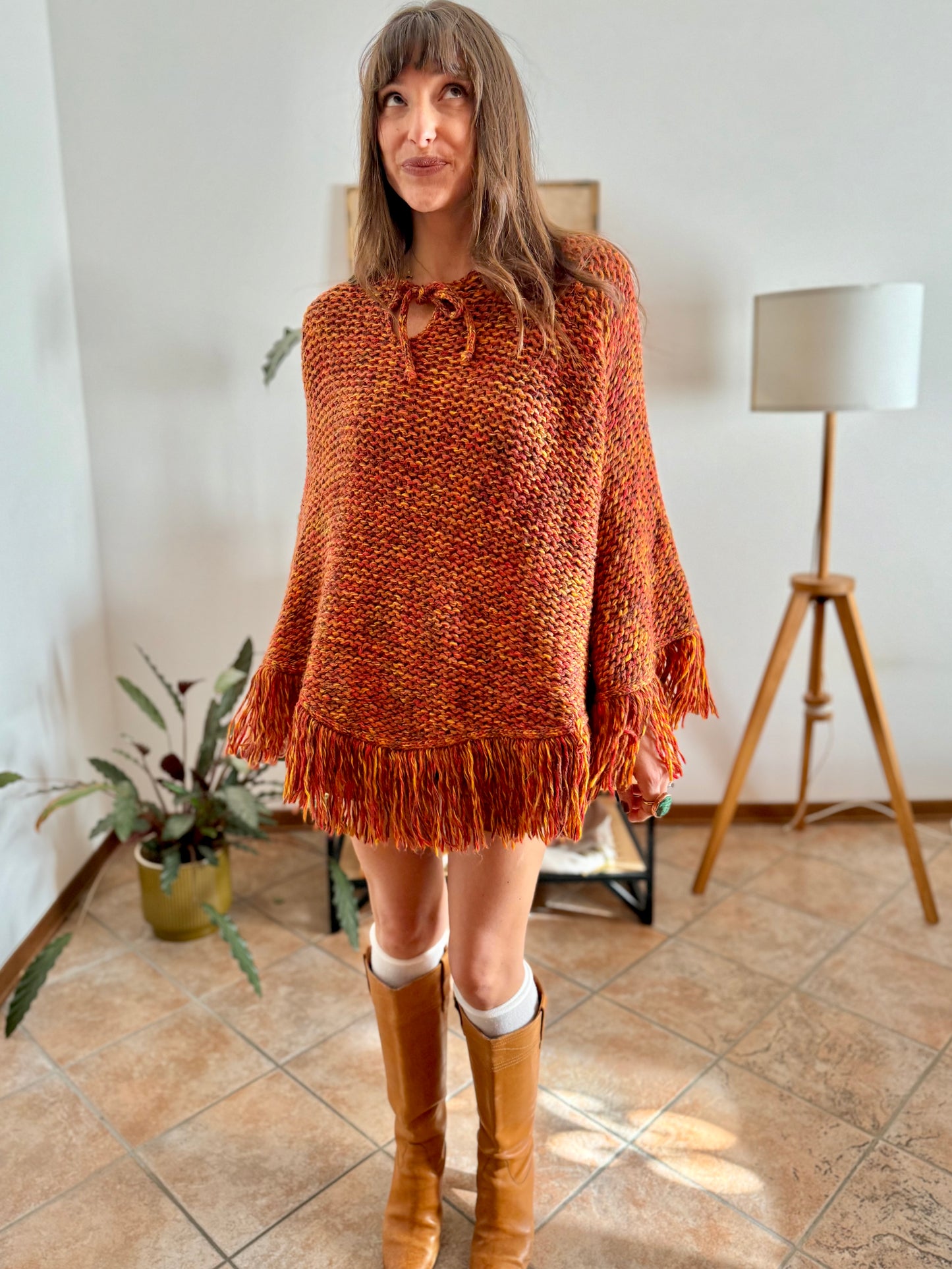 1970's vintage yellow and burgundy knit poncho with fringe details