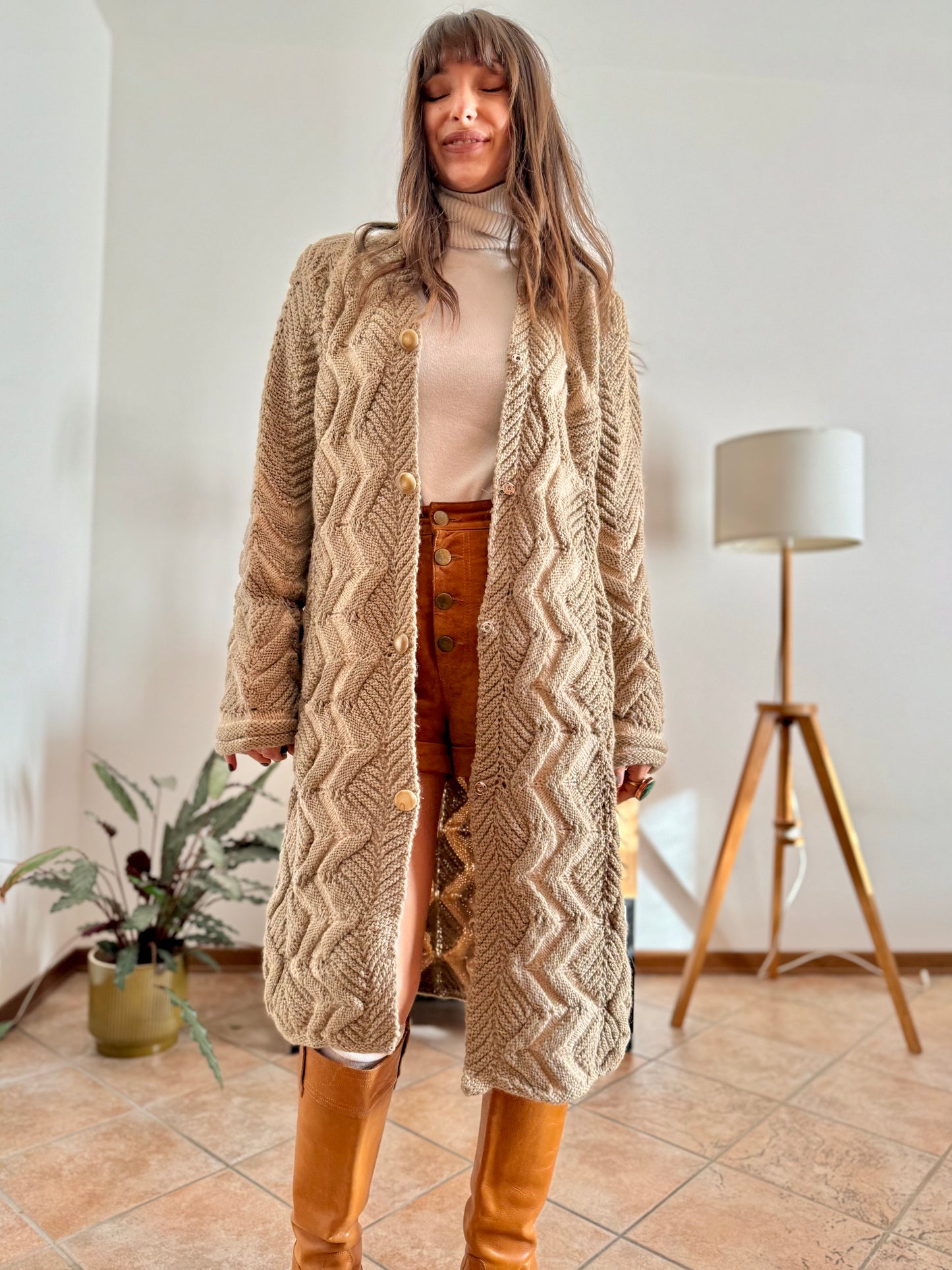 1970's vintage beige and cream chevron knit wool button down midi dress