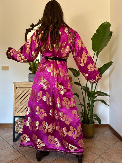 1970’s vintage fuchsia and gold floral weave brocade satin maxi dress