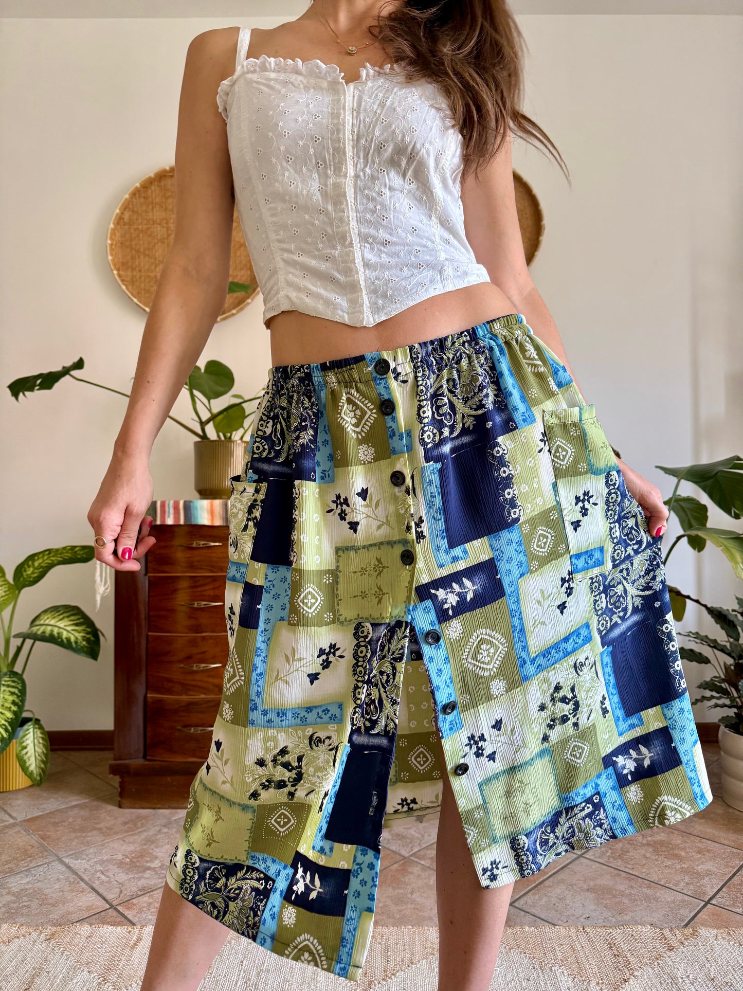 1990’s vintage navy, blue and green textured floral patchwork print midi skirt