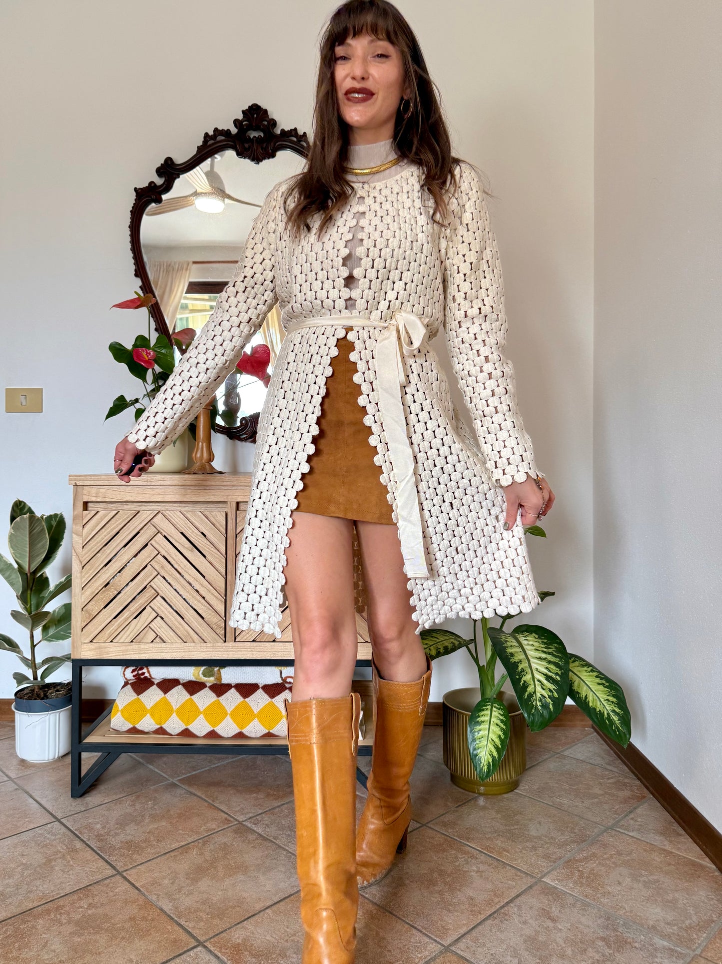 1970’s vintage cream crochet polka dot coat
