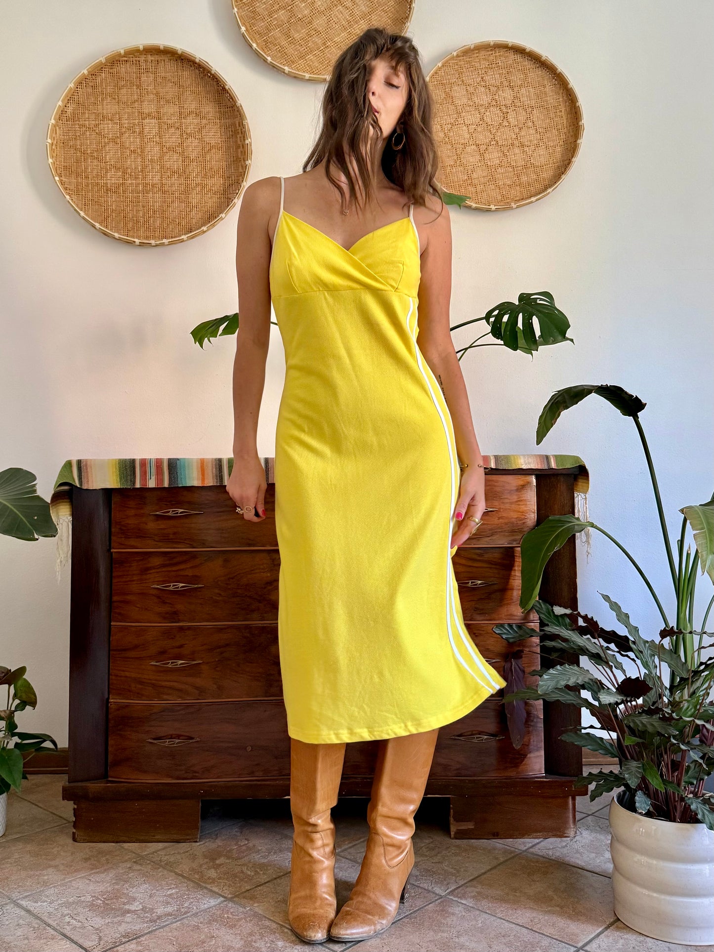 1990’s vintage canary yellow woven cotton midi dress with white stripe detailing