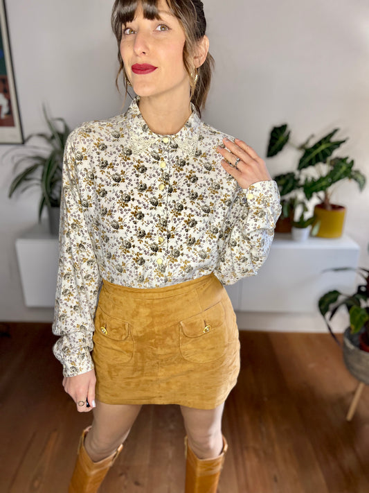 1970's vintage cream blouse with grey and brown floral print