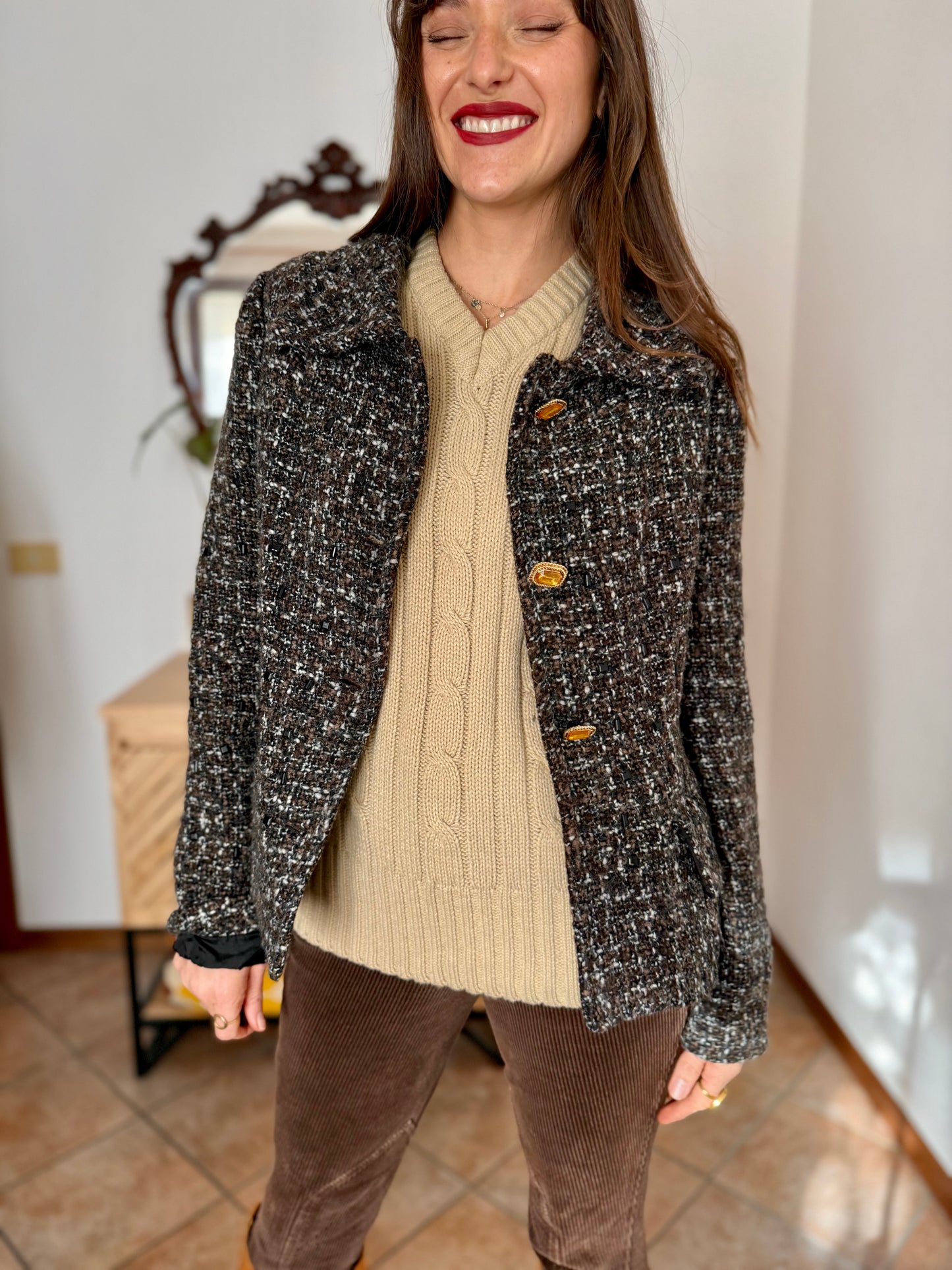 1990’s vintage black, khaki and cream boucle wool with gold and yellow glass buttons