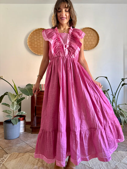 1970’s vintage metallic textured pink maxi prairie dress with satin ruffle details
